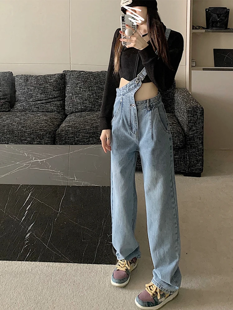 

Irregular Design Sense Denim Overalls Women's Solid Color Basic Work Clothes College High Street Office Ladies Elegant Long New