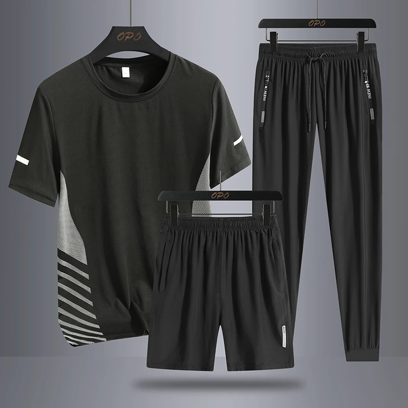 Summer men\'s sports running three piece set with round neck, short sleeved T-shirt, shorts, long pants, loose ice silk set