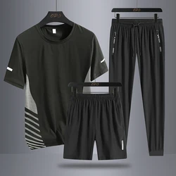 Summer men's sports running three piece set with round neck, short sleeved T-shirt, shorts, long pants, loose ice silk set