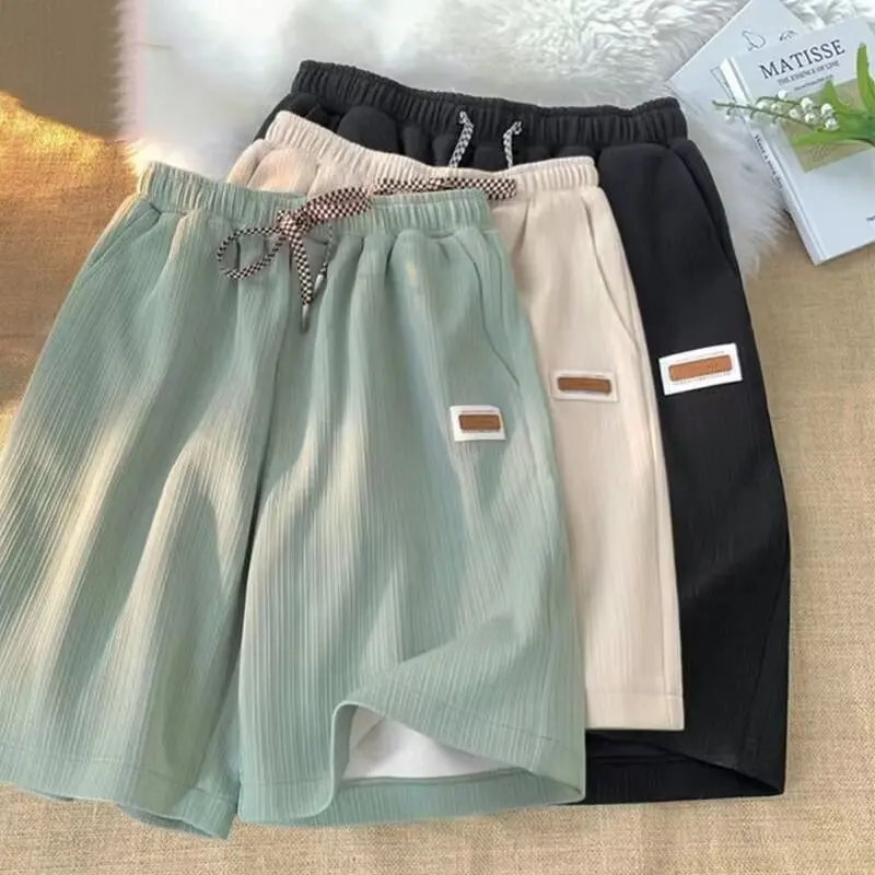 

Ice Silk Men's orts Summer Trendy Brand Pure Color Spor Over-Knee Five-Point Loose Casual Pants Straight Leg Polyester Fiber