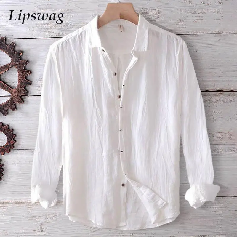 

Stylish Long Sleeve Button-up Mens Linen Cardigan Autumn Vintage Turn-down Collar Solid Color Shirts Men Casual Breathable Shirt