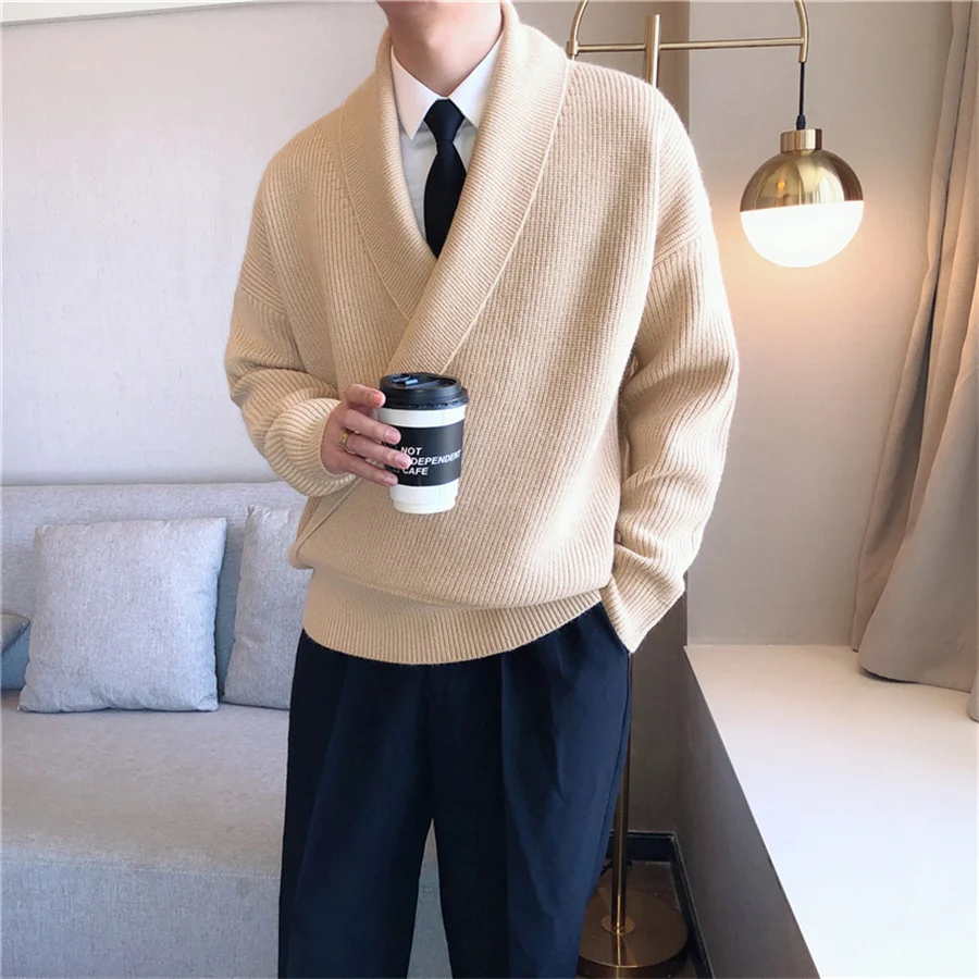 Nuevo 2026 Jersey para hombre, suéter informal holgado con cuello en V grande para hombre, prendas de punto para primavera y otoño, abrigo de punto liso con cuello vuelto perezoso