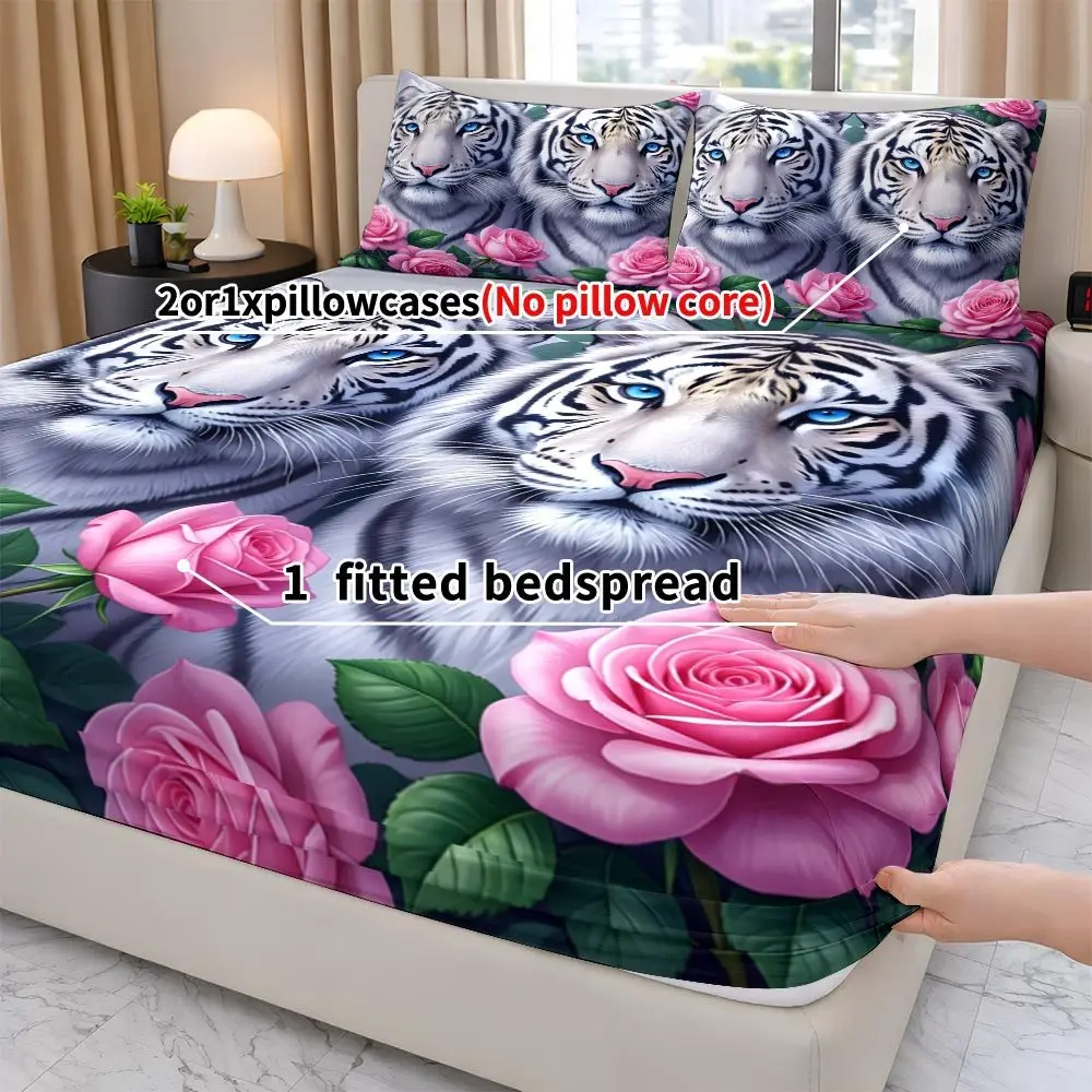 Christmas 2D Digital Print Three-Piece Bedding Set (includes 1 fitted sheet + 2 pillowcases) Mattress Protector, Fitted Sheet Style with Elastic Band, Protective Cover, Mattress Protector, Floral Tiger Print Fitted Sheet Set