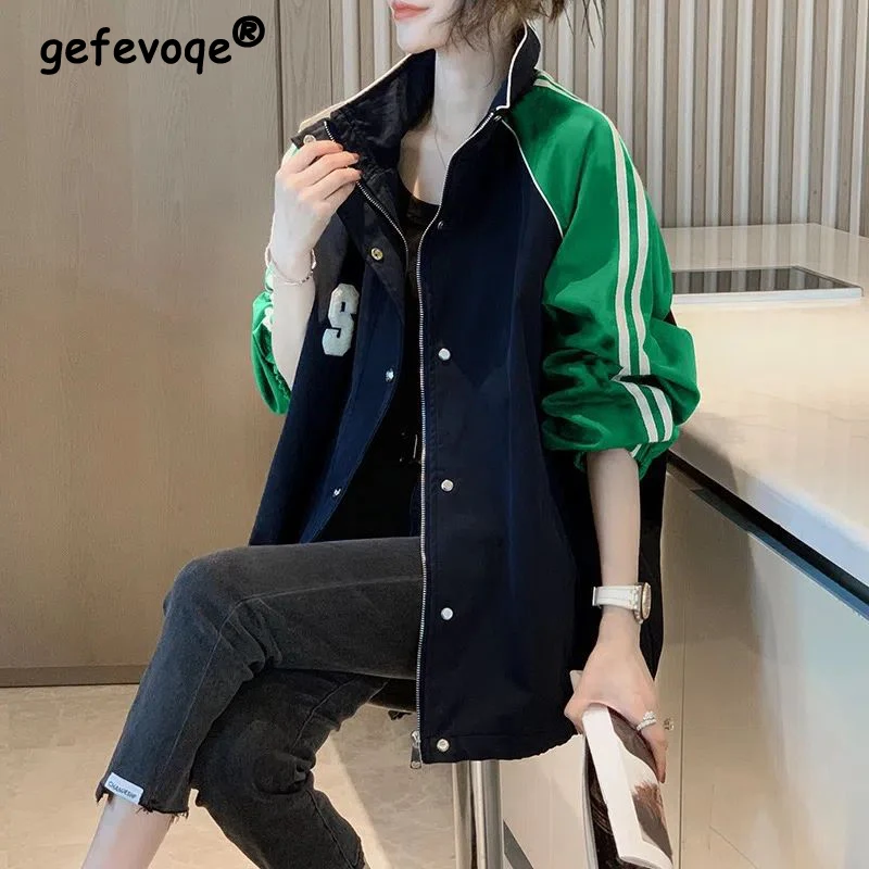 

Spring Autumn New Women Trendy Contrast Color Patchwork Oversized Zipper Outdoor Jackets Y2K Casual Streetwear Long Sleeve Coats