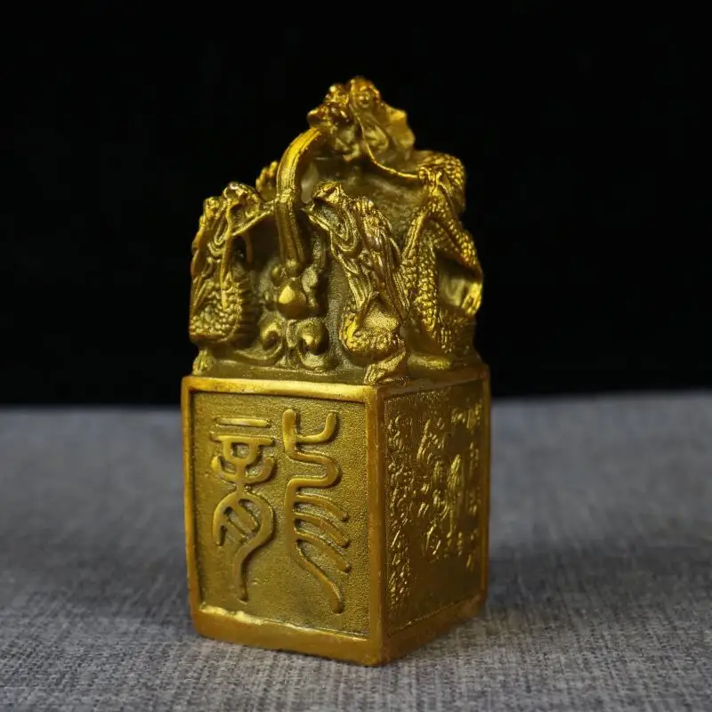 

Antique Copper Collection Dragon Statue Seal Feng Shui wealth Attraction Ornament Home Study Desktop Decoration