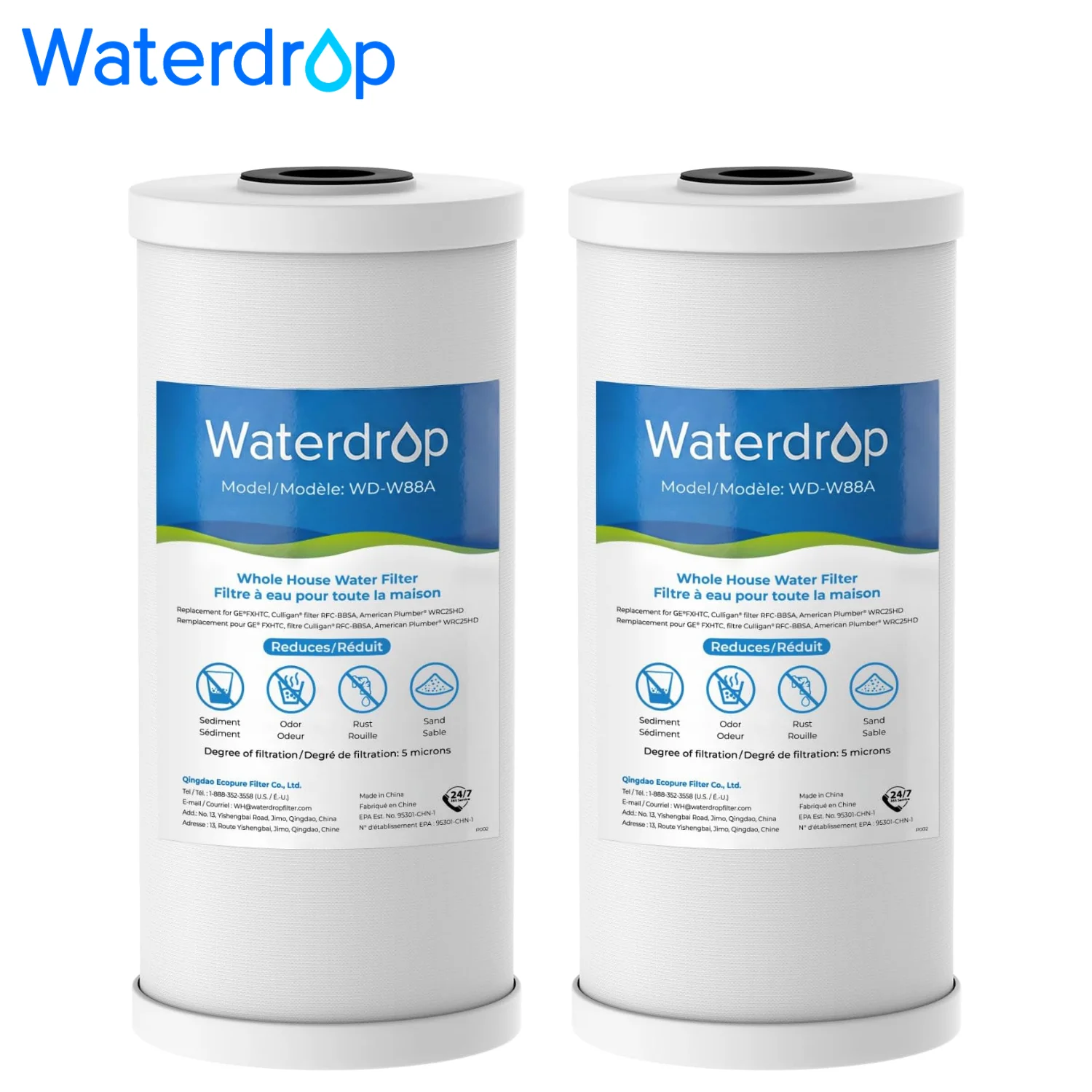 Waterdrop FXHTC Sediment and Carbon Water Filter for GE® FXHTC, 5 Micron | Replacement for GXWH40L, GXWH35F, GNWH38S, Culligan® RFC-BBSA, WRC25HD, PP10BB-CC, Pentek RFC-BB, 10