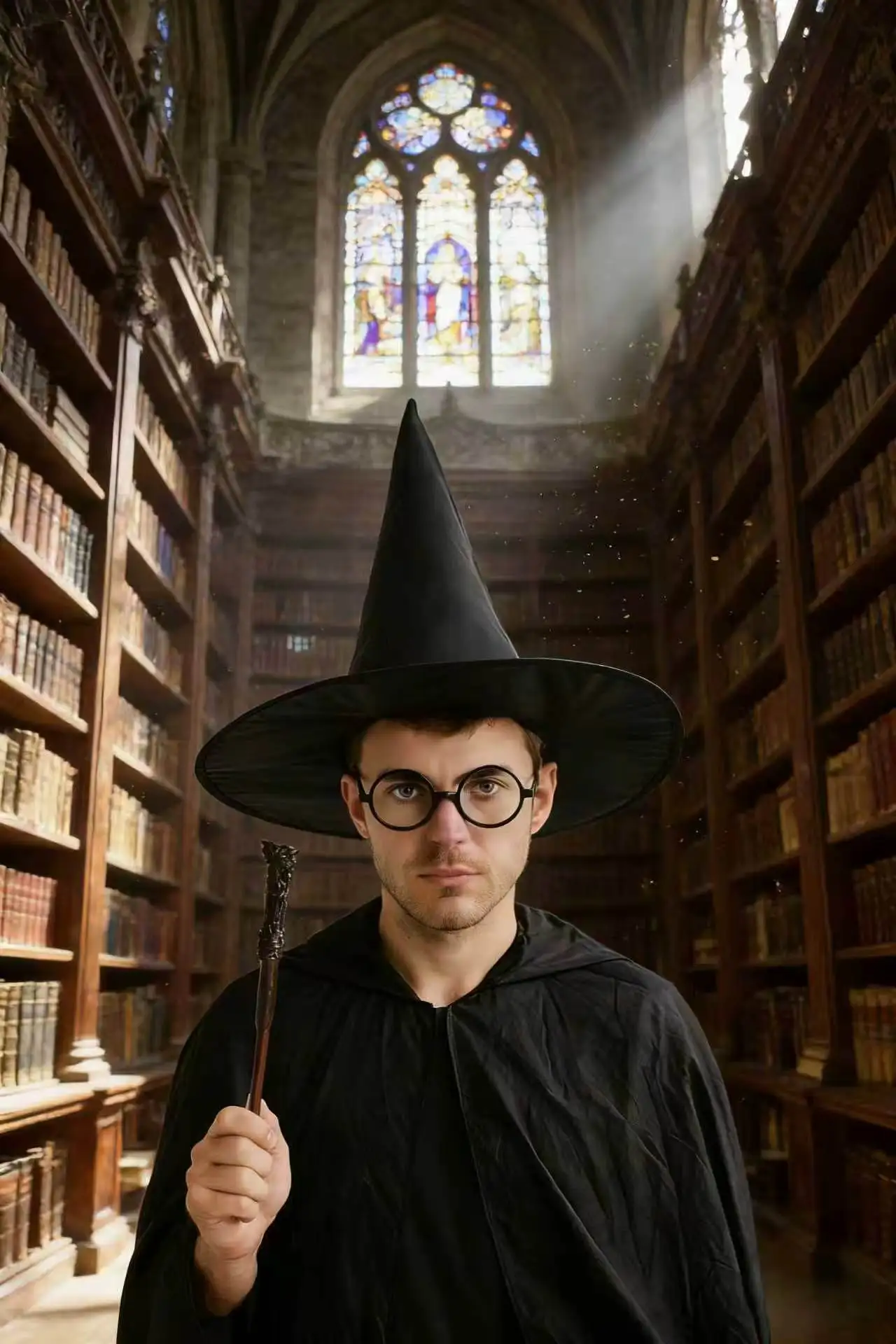 Halloween Wizard Costume Accessory Set Black Witch Hat Round Glasses Magic Wand Cosplay Props for Harry Potter Themed Party Fanc - view 3