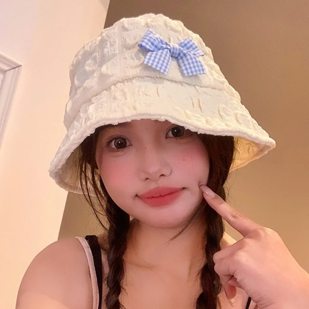 Ins Bow Bucket Caps قبعات أنيقة حلوة النسيج القطني خفيفة الوزن عارضة قبعة واقية من الشمس السفر