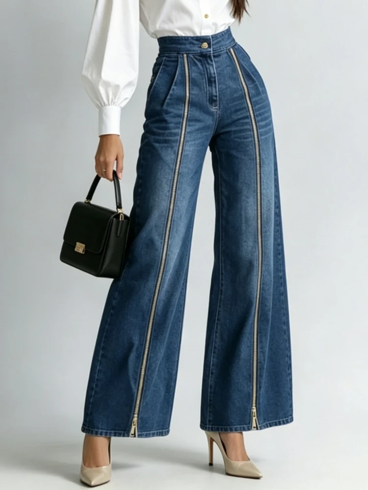 Women's Casual Solid Loose Jeans Fashion High Waist Zipper Adjust Wide Leg Denim Pants Chic New Daily Street Plus Size Trousers