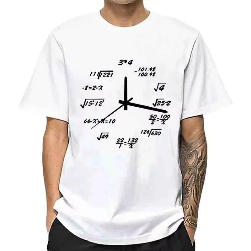 2026 Men's Casual Fun Math Clock Print Summer Loose O-neck T-shirt Cool 100% Pure Cotton Neutral Breathable Short Sleeved Shirt