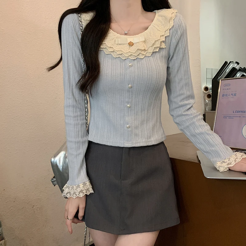 Women's 2026 Spring Autumn New Sweet Cute Lace Thin Short Slim Fit Crew Neck Long Sleeve T Shirt Base Top