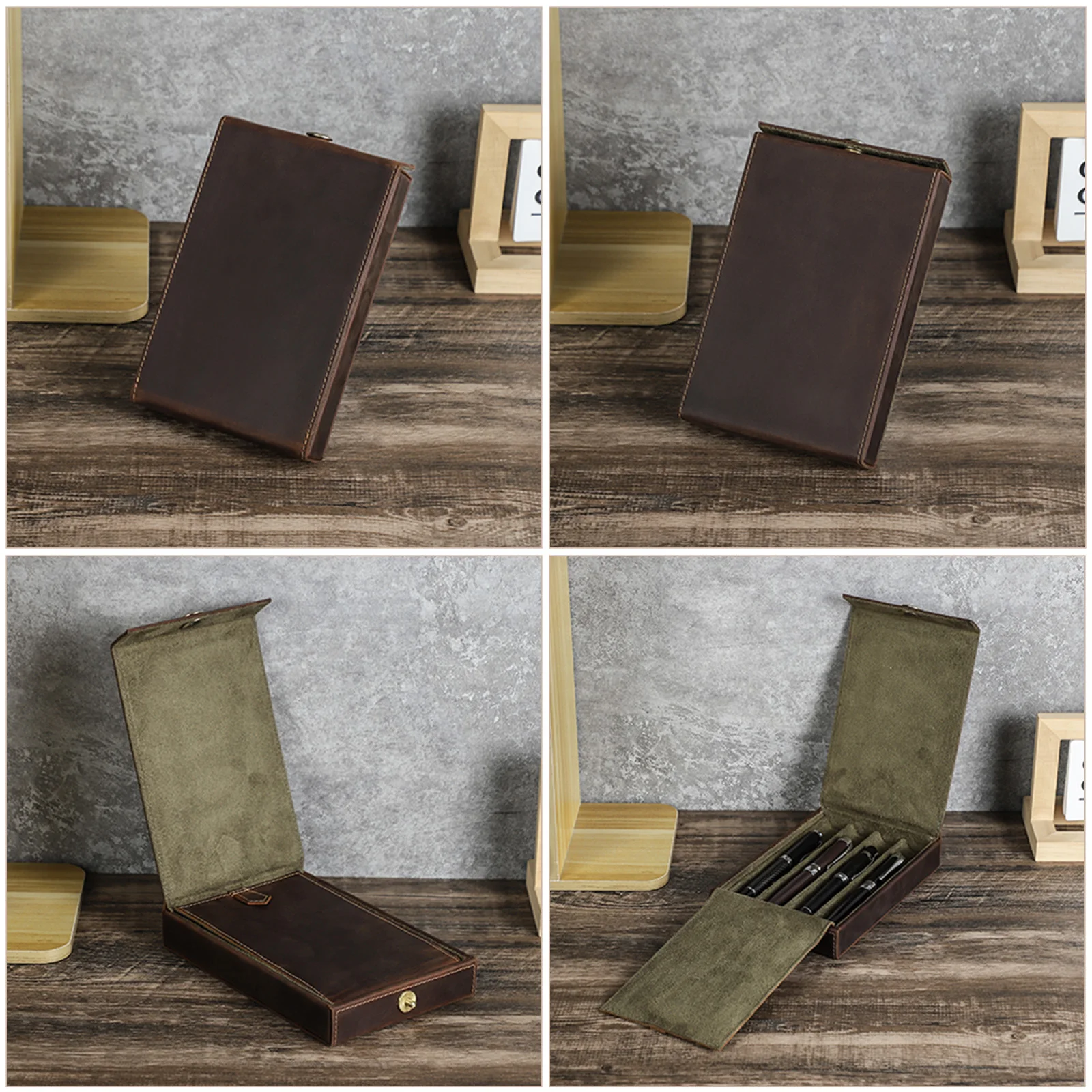 Top Grain Leather 4 Pen Case, Fountain Pen Box Pouch Flip-Top Design with Magnetic Button, Executive Desk Stationery Organizer