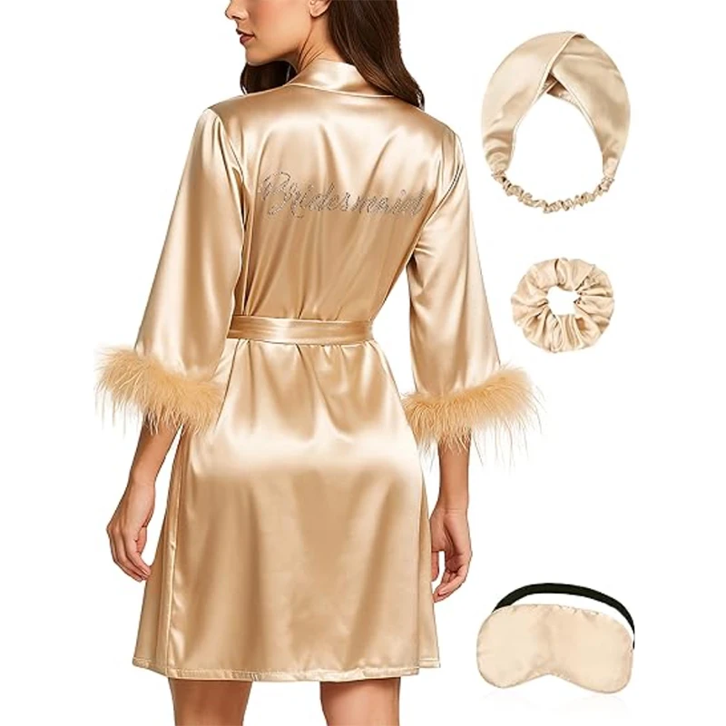 

Bride Robe for Wedding Day Bridal Robes Feather Trim Satin Silk Robes Women Bachelorette Party Getting Ready Outfits
