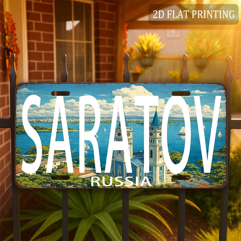 2D Flat, 2D Flat - 2D Flat 2D Flat - A 30.48X15.24cm Metal Wall Decor Sign Featuring a Vintage Travel Theme of Saratov Cityscape