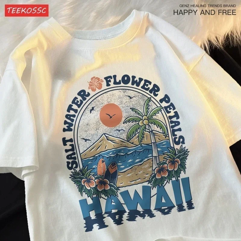 

Salt Water Flower Petals Hawaii Clothes Men Women Harajuku Summer Tshirt Cartoon Cotton T-Shirt Fashion Breathable Couple Tops