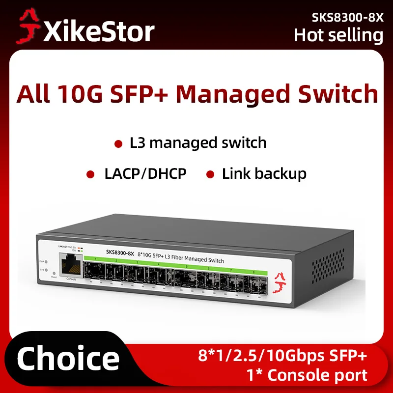 

XikeStor 8 Port 10G SFP+ L3 Managed Switch Fanless for Port Aggregation VLAN Division WEB/CLI Management DHCP Dynamic Routing