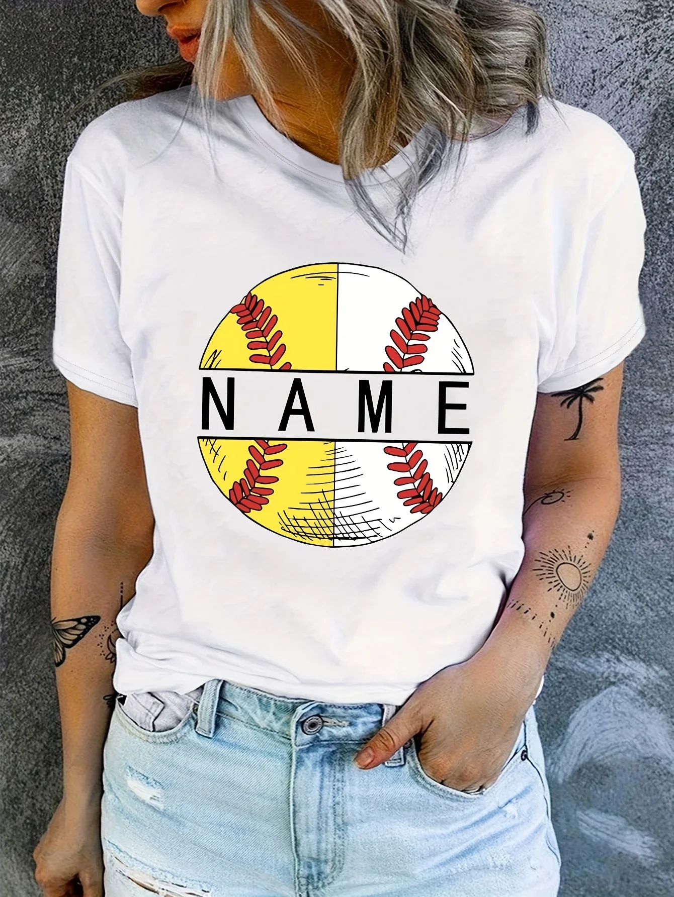 Customizable Women's Short Sleeve T-Shirt - Baseball Graphic & Geometric Pattern, 95% Polyester 5% Elastane Blend, Machine