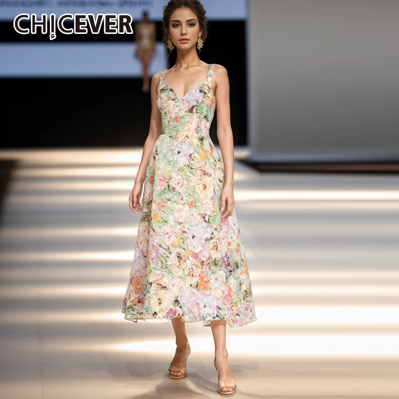 

CHICEVER Print Elegant Camisole Dresses For Women V Neck Sleeveless High Waist Spliceed Zipper Backless Maxi Dress Female Summer