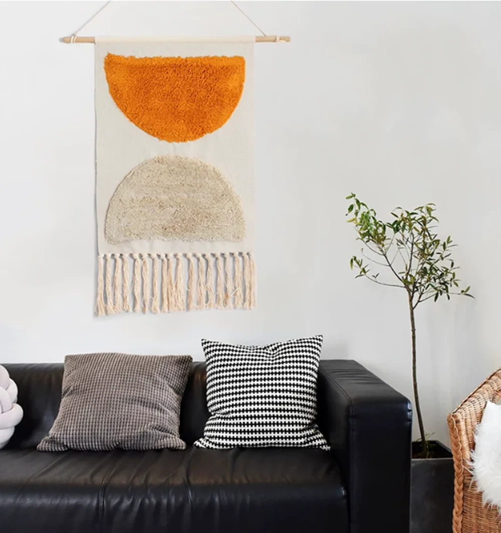 Handwoven Cotton Linen Wall Hanging Tapestry, Boho Half Circle Tufted Wall Art with Tassels, Home Decor for Living Room Bedroom.