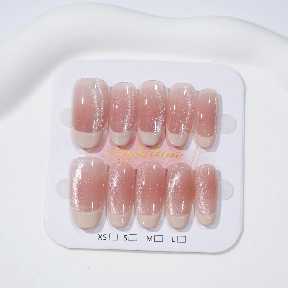 10개 수제 프레스온 네일 미디엄 오벌 핑크 엣지 프렌치 캣아이 플래시 풀커버 네일 피스 여성&소녀용 탈부착 네일
