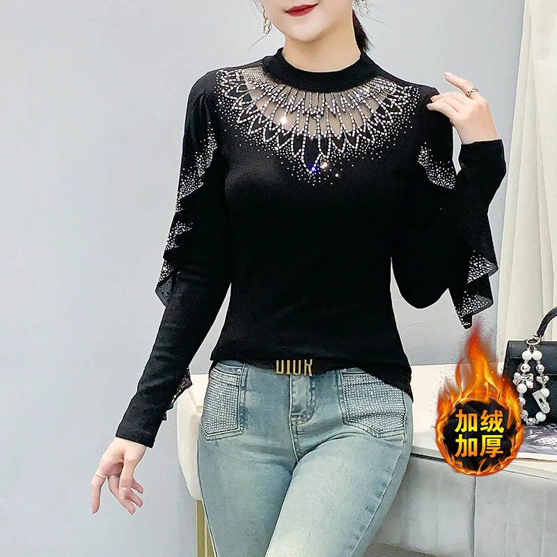 Trendy Women's Thick Cotton Top, Must-have Rhinestone Hollow-out Design Slim Fit T-Shirt for Fall Winter