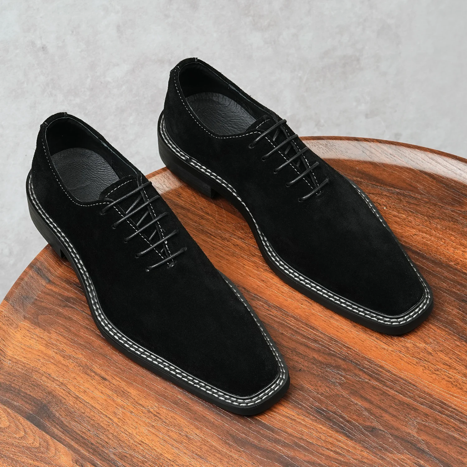 Men's Shoes, Made of Suede, Genuine Leather Handmade, Pointed Lace-up Oxford