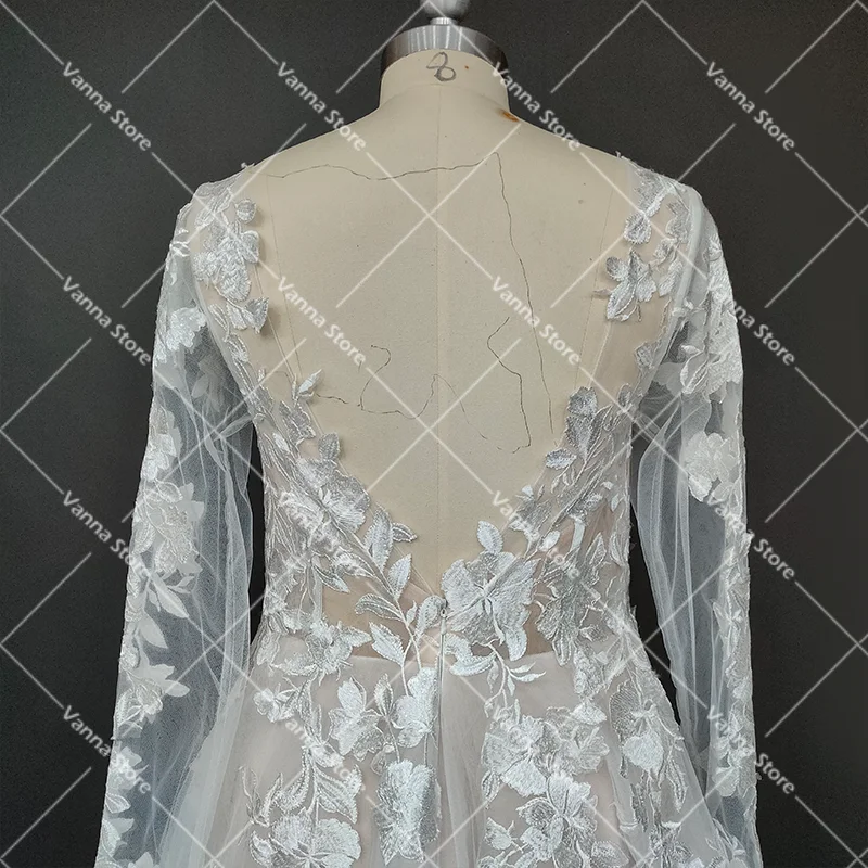 Robe de Mariée en Tulle Brodée à Manches sulf, Tenue Personnalisée, Dos aux, Dentelle, Maille, Col en V, Grande Taille, pour Patients de Luxe