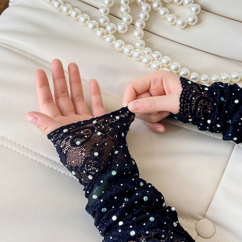 Guanti lunghi senza dita in pizzo con strass scintillanti, neri elasticizzati, estivi, per la guida e la protezione solare, maniche per braccia