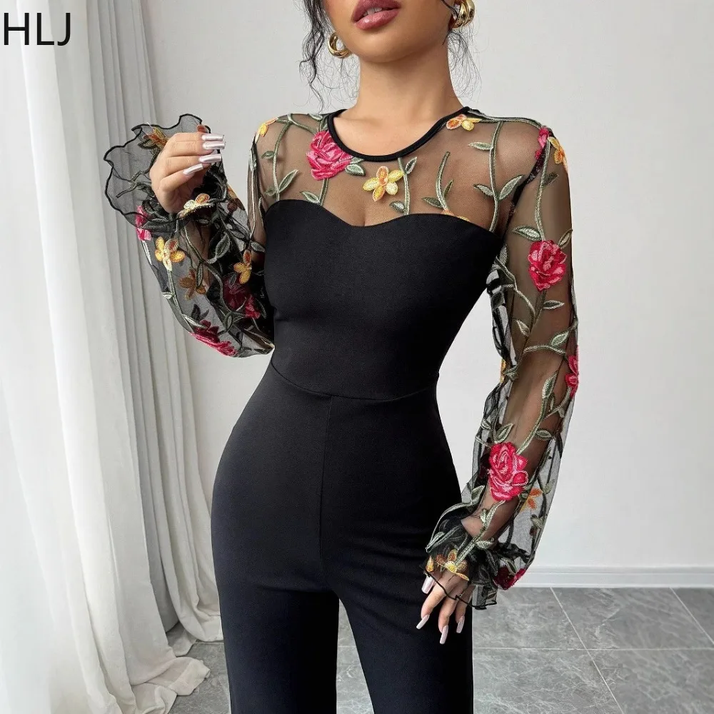 HLJ Black Fashion Mesh Embroidery Stitching Straight Jumpsuits Women O Neck Long Sleeve Slim One Piece Playsuits Female Overalls