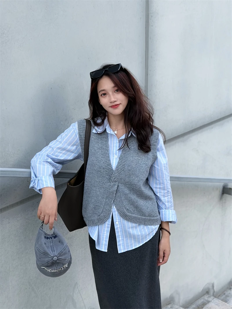 

Loose Long Sve Knitted Wool irt Women's Sle Striped Pattern Button Closure Slimming Effect Commute Faion MS.SUUPEER ...