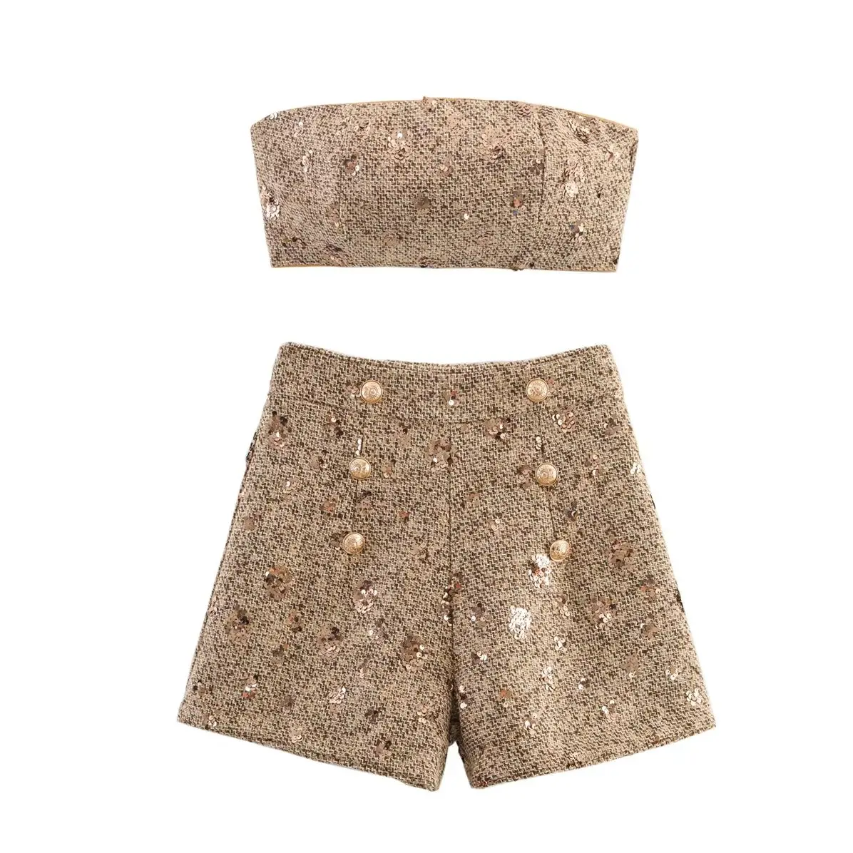 KONDALA Chic Plaid Streetwear Sequined Women Suits Strapless Sexy Short Top+High Waist Mini Shorts Fashion 2025 Y2K Mujer Sets