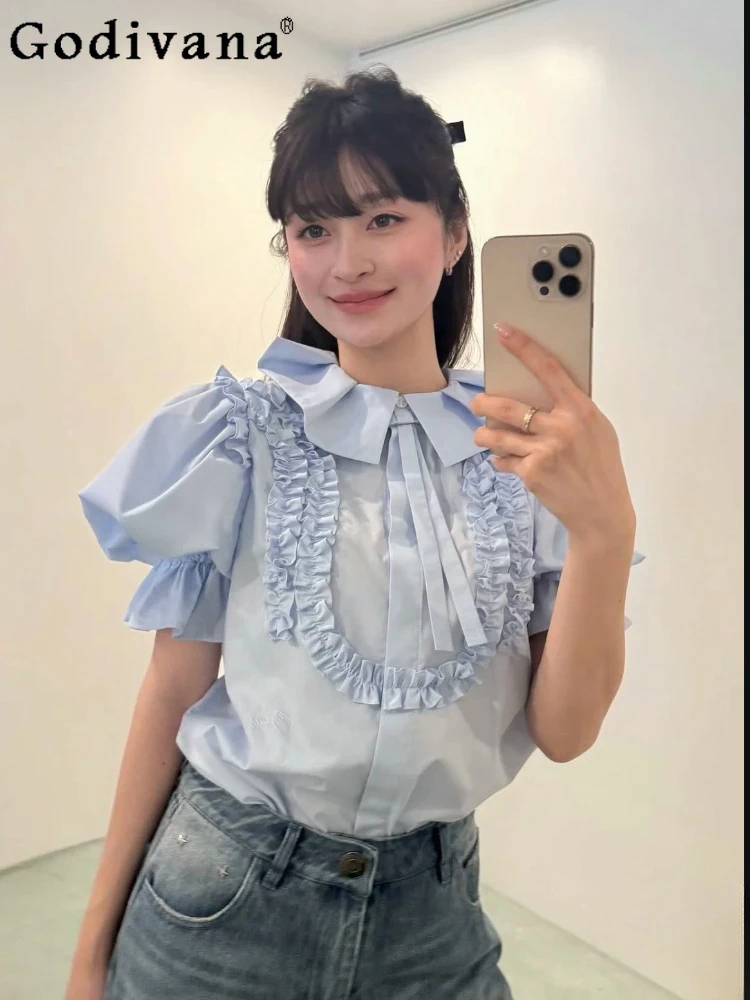 

Japanese Style Sweet Woman's Blue Short-sleeved Shirt Summer New Girl's Bubble Sleeve Ruffled Collar Casual Blouses Ladies Tops