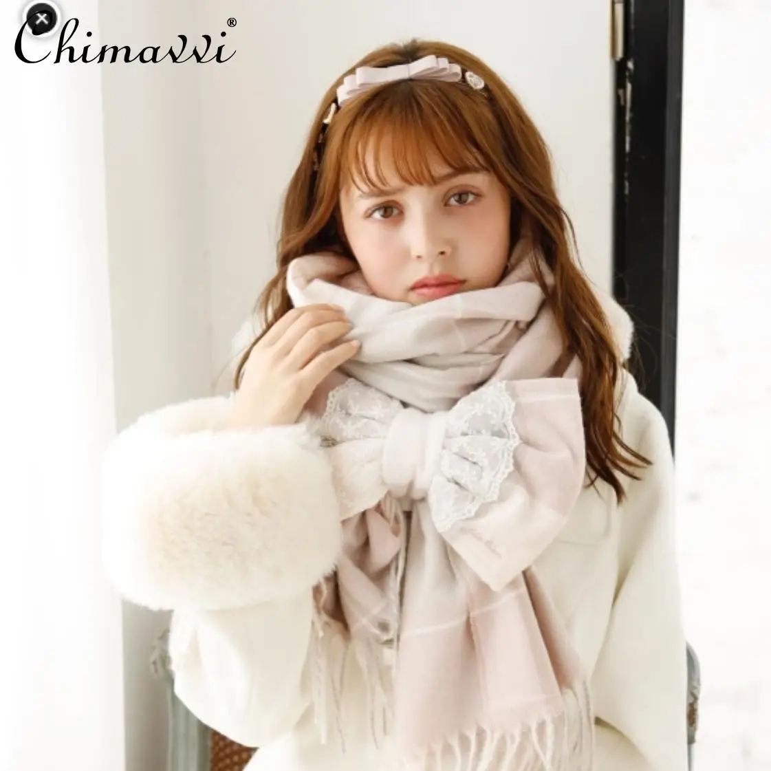 Japanese Style 2024 Winter New Girls Sweet Plaid Lace Bow Scarf Soft Warm Women's Elegant All-match Y2k Liz Lolita Scarf