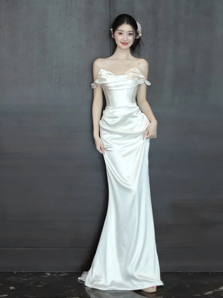 

Ele Light Satin Wedding Dr One oulder Fi Tail Gown for Bridal Entrance Soft Silk High Waist Long Skirt No Sve
