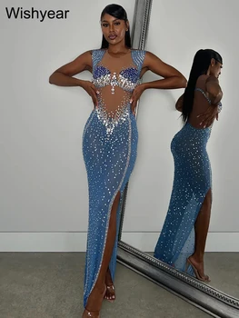 Nuevo vestido largo azul dividido sin mangas de malla de retales con diamantes de imitación brillantes de lujo para mujer, traje de fiesta de noche para celebrar