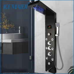 KEMAIDI Black Digital Display Shower Panel Column LED Rain Waterfall Shower Spa Jets Bath Shower Mixer Faucet 5 Function Faucets