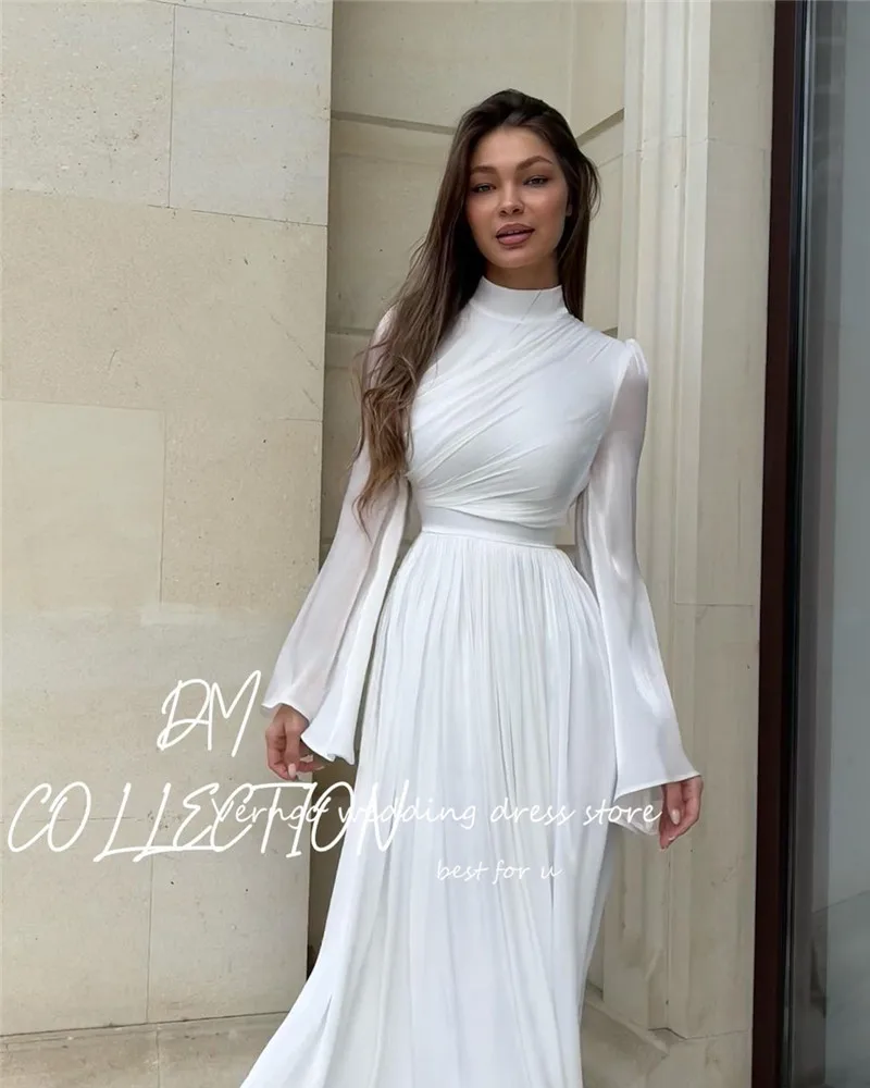 Verngo Vintage Simple A Line White Saudi Arabic Evening Party Dresses High Neck Long Sleeves Ankle Length Formal Prom Gowns