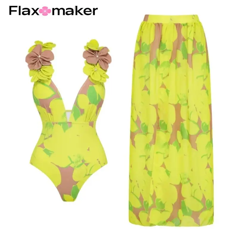 

FLAXMAKER Deep V Lemon Printed Swimsuit set two-piece Swimwear Women luxury Beachwear Bathing Suit beach dress wholesale