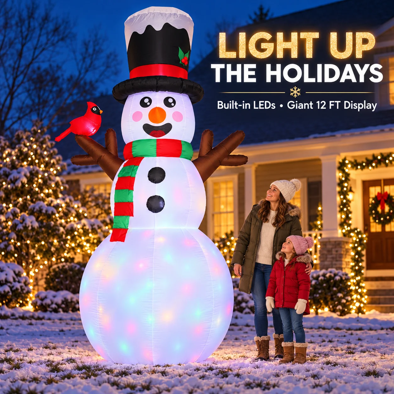 12FT Christmas Inflatable Snowman Outdoor Decoration Giant Blow Up Snowman with Hat Scarf LED Light Up Yard Garden Party Decor