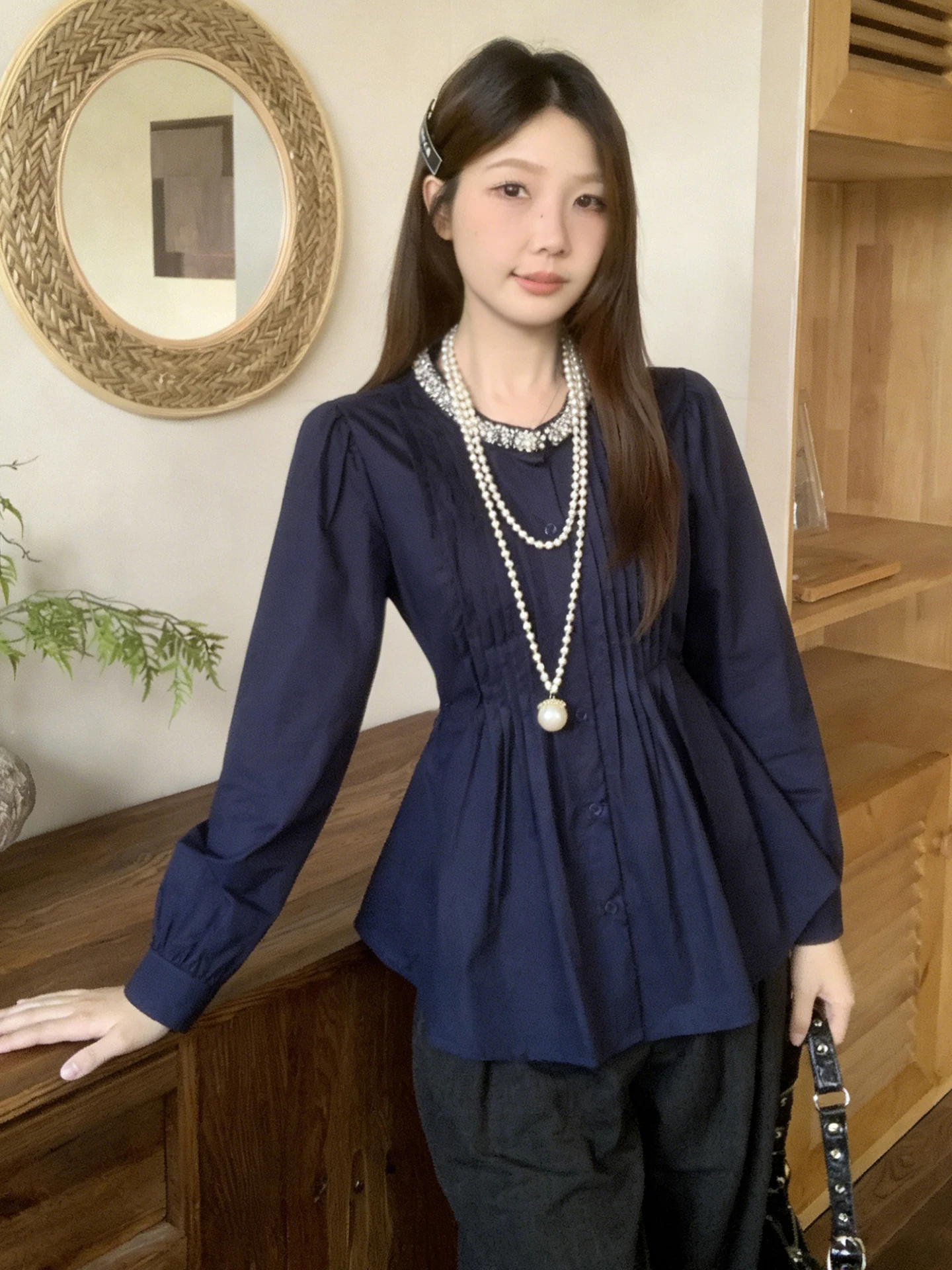 

Ele k Blue Beaded Pleated Slimming Waist irt Women's plus Size Spring Faionable Top Comfortable Breathable Korean ...