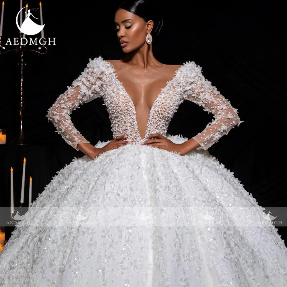 Aedmgh robe De bal robes De mariée De luxe col en v Vestido De Novia dentelle perlée paillettes princesse royale robes De mariée sur mesure