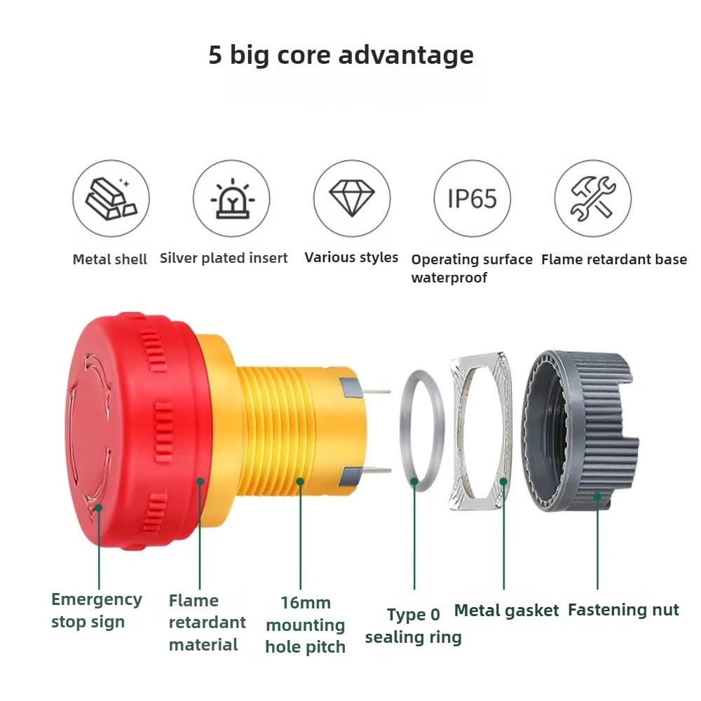 16/22mm Plastic Emergency Stop Power Push Button Switch Anti-slip IP65 Waterproof Mushroom Head Rotation Reset 1NO 1NO1NC