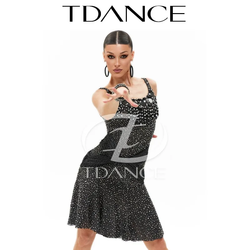 TDANCE Latin Dance Competition [Starry Night Black Diamond] Customized Performance Standard Match Dress with Diamond Set CL09