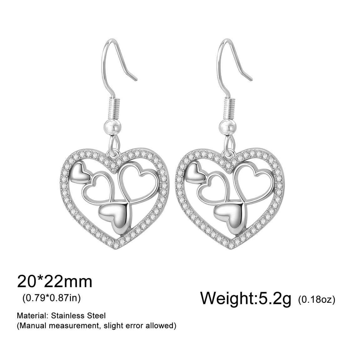 Eueavan Strass-Mehrfachherz-Ohrhänger aus Edelstahl mit 5 Hohlen Herzen für Frauen, Romantischer Schmuck als Geschenk – Detail 13