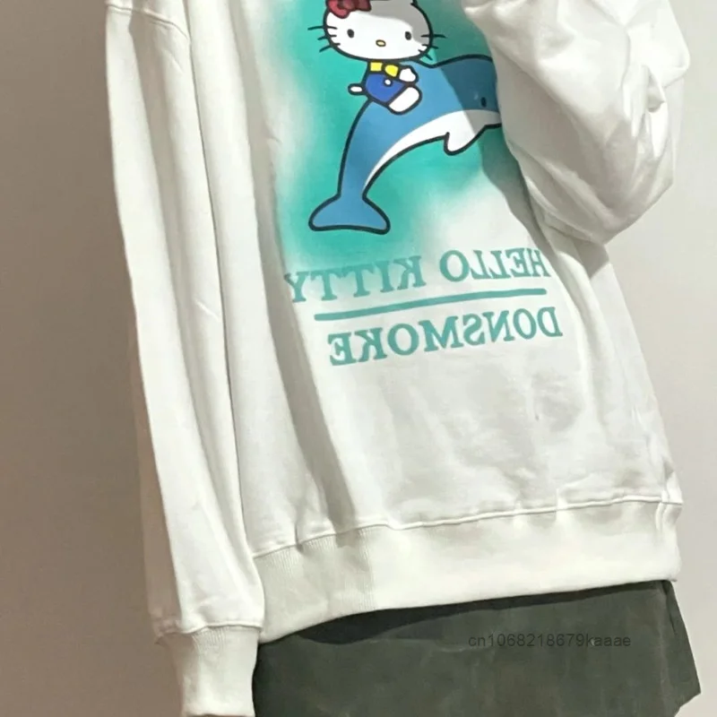 Hello Kitty Cute Print Round Neck Women T-shirt Loose Casual Versatile Long Sleeved Tees Simple Design Korean Version Trend Top