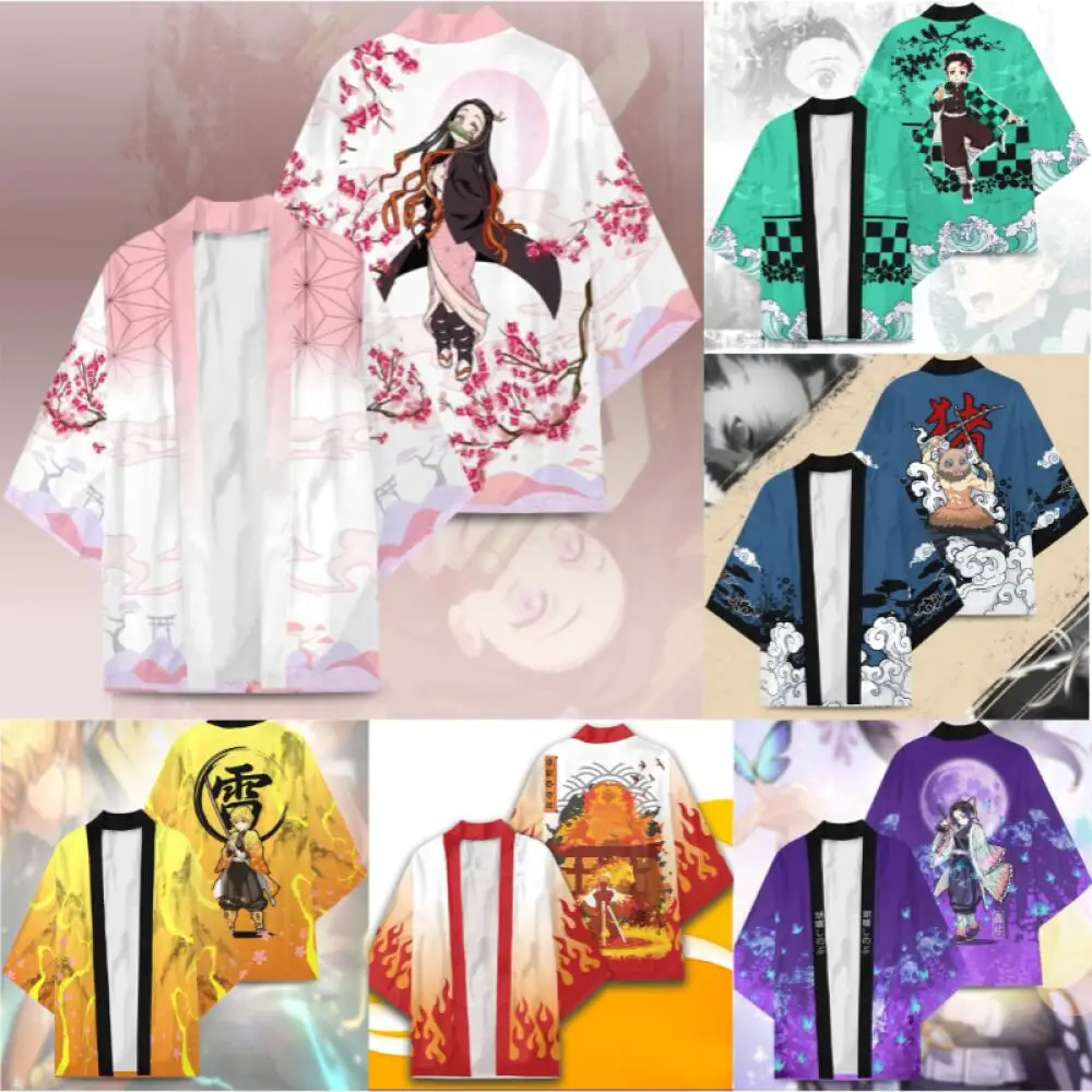 Verano hombres Anime japonés Kamado Tanjirou estampado 3D Yukata Haori chaqueta mujeres Japón Kamado Nezuko Cosplay traje tradicional