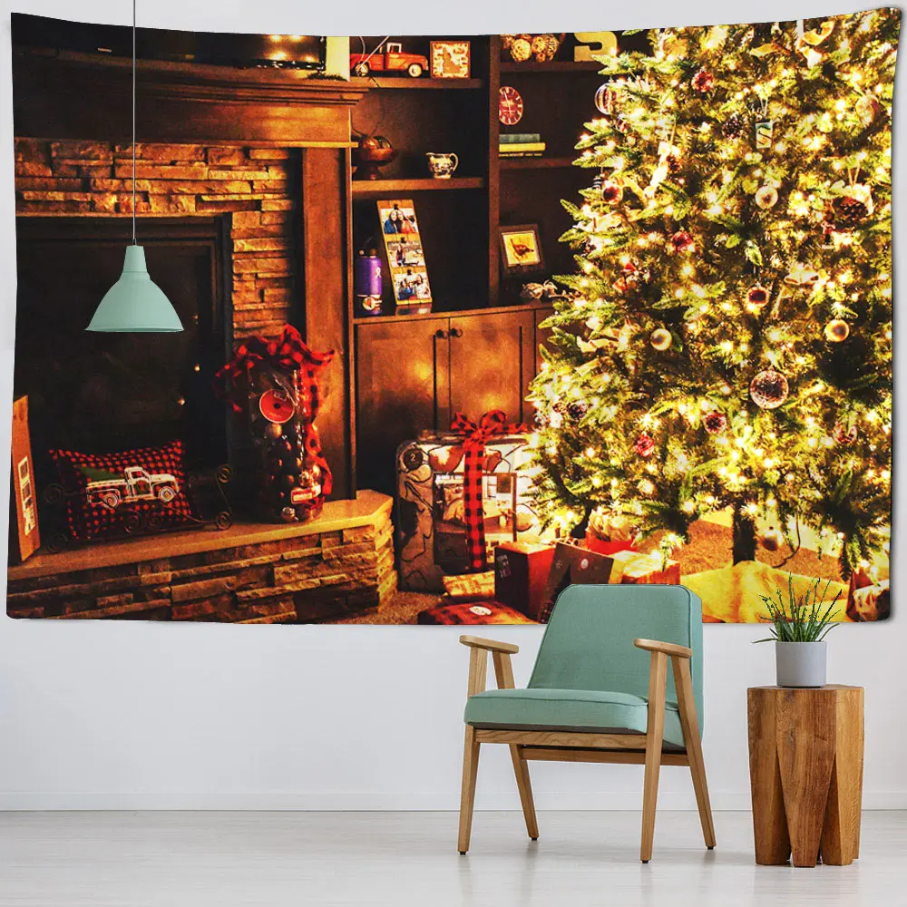 

Christmas tapestry home holiday decoration wall hanging Christmas tree snow view fireplace Santa Claus gift room wall decoration