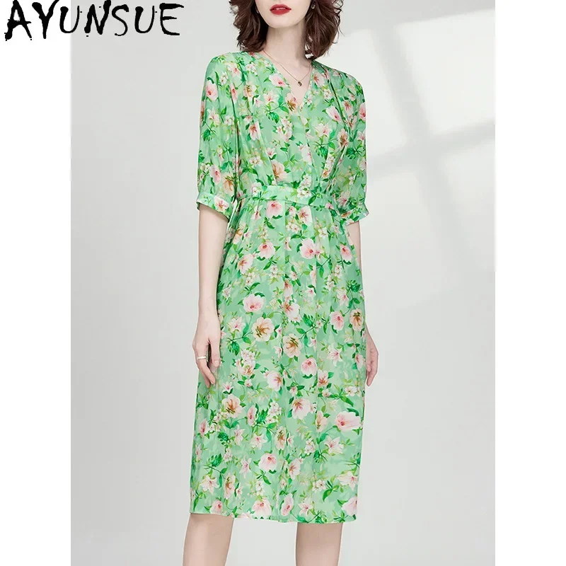 AYUNSUE-vestido de seda real de amoreira para mulheres, vestido médio verde, moda luxuosa, roupas de festa, 100% seda amoreira, 2022