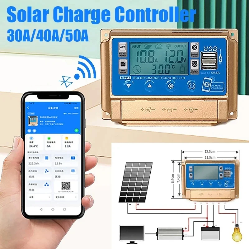 30A/40A/50A/60A bluetooth Solar Panel Controller High Definition LCD Large Digital Display 12/24VMPPT Solar Charge Controller