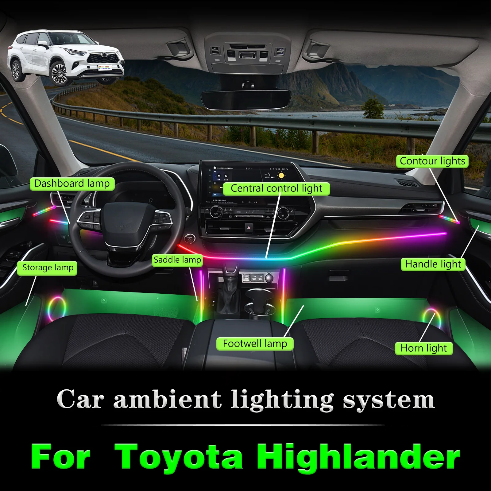 

For Toyota Highlander Smart Remote Control Car Interior Ambient Light RGB 64 Colors LED Energy Saving Efficient Lamp Kit